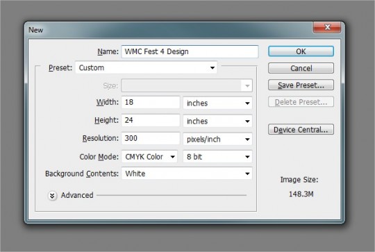new photoshop document settings